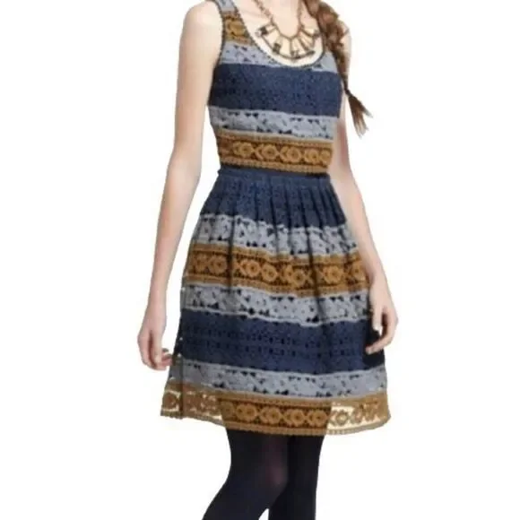maeve crochet dress Maeve Crochet Stripe Fit & Flare Shift Dress Sz 2 Anthropologie Blue Gold Gray